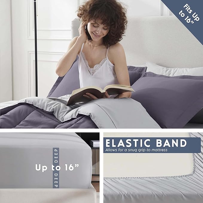 Nestl 7 Piece Full Comforter Set – Grayish Purple Reversible Bed in a Bag – Complete Full Size Bedding Set with Sheets, Pillowcases and Shams