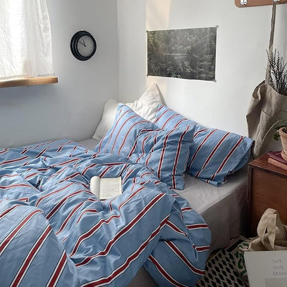 mixinni Vintage Blue & Red Striped Comforter Set Queen Size - Soft Cotton 3-Piece Bedding Set (1 Comforter + 2 Pillowcases), Retro Geometric Stripes Pattern, All-Season Lightweight & Breathable