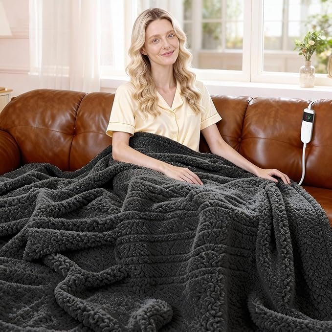Heated Blanket Heated Throw, Electric Blanket 50"x60" Heating Blanket with 8 Hours Auto Off 10 Fast Heating Levels Machine Washable Sherpa Heated Blanket with Overheating Protection