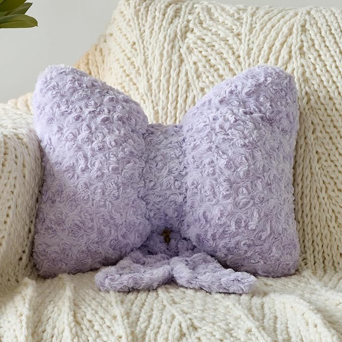 Bow Pillow, Decorative Bow Pillows with Soft Plush for Couch Bed, Bow Shaped Throw Pillow Room Decor for Bedroom, Bow Decorative Pillow for Living Room (Lavender Purple, Large-16 Inches)