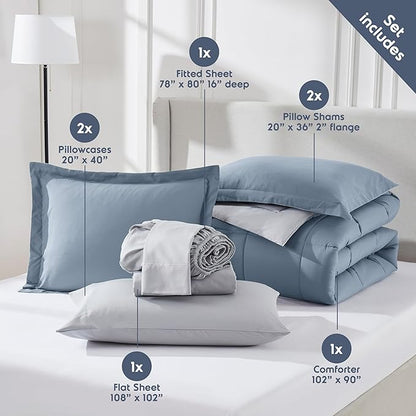 Nestl 7 Piece King Comforter Set – Stone Blue Reversible Bed in a Bag – Complete King Size Bedding Set with Sheets, Pillowcases and Shams