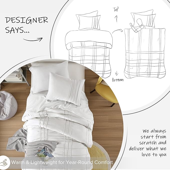 Comfort Spaces White Twin Size Comforter Set - 2 Pieces Pintuck Pleated Bedding Sets, All Season Lightweight, Extra Softness Pre-Washed Microfiber Bed Set, Shams