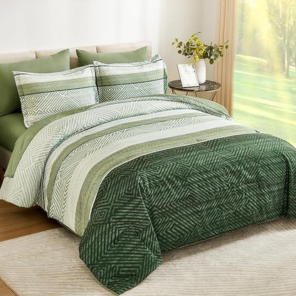 Drucon Christmas Olive Green Striped Comforter Set Queen Size 7 Pieces Reversible Bedding Set, Boho Bed in a Bag, Soft Microfiber Comforter and Sheet Set for All Season