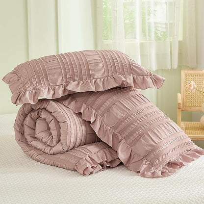 WONGS BEDDING Pink Comforter Set Queen,3 Pieces Ruffle Farmhouse Shabby Chic Boho Comforter for Queen Bed,Soft Seersucker Textured Bedding Set with 1 Ruffle Comforter,2 Tufted Pillowcases 90"×90"