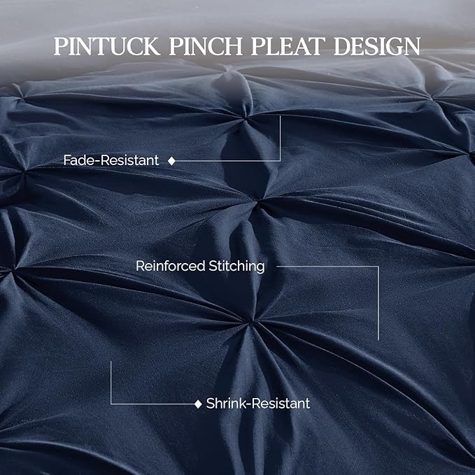 Andency Navy Blue Pinch Pleat Comforter Full(79x90Inch), 3 Pieces(1 Pintuck Comforter and 2 Pillowcases) Down Alternative Microfiber Bedding Set
