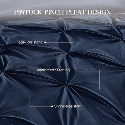 Andency Navy Blue Pinch Pleat Comforter Full(79x90Inch), 3 Pieces(1 Pintuck Comforter and 2 Pillowcases) Down Alternative Microfiber Bedding Set