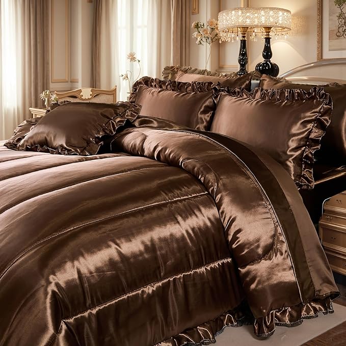 Silky Comforter Set with Sheet Set Queen 8 Pcs Borwn Bed in a Bag Dark Coffee Bedding Set Silk Like Satin Ruffle Home Deocr Sexy Hotel Silky Bed Set with 1 Cushion Cover