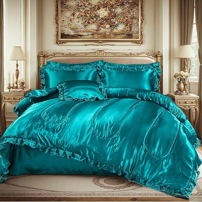 Silky Comforter Set with Sheet Set Queen 8 Pcs Peacock Green Bed in a Bag Green Bedding Set Silk Like Satin Ruffle Home Deocr Sexy Hotel Silky Bed Set with 1 Cushion Cover