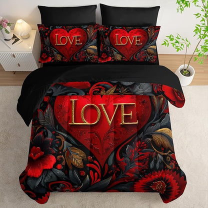 7 Piece Red Heart Comforter Set King Size，Black and Gold Flowers Bedding King Set ，(1 Comforter, 1 Flat Sheet, 1 Fitted Sheet, 2 Pillowcase and 2 Pillow Sham)，Valentine's Day Decor Bedroom
