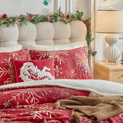 Christmas Sherpa Comforter Set Queen Size 3 Pieces Holiday Red Winter Bedding Microfiber Warm Fleece Comforter with 2 Pillow Shams - Thanksgiving New Year Gift Choice with Gradient Golden Snowflake