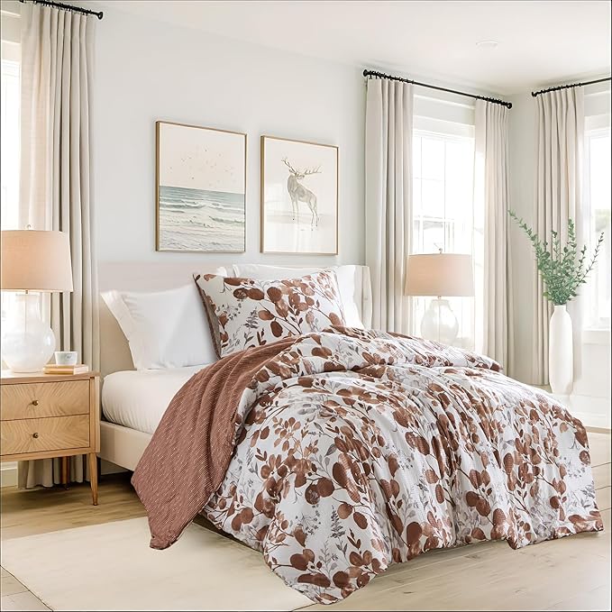Bed Comforter Set Twin Size, 2 Pieces Lightweight Seersucker Botanical Reversible Design with Floral Print, Premium Microfiber Bedding Set, Comforter and Sham Set, Terracotta