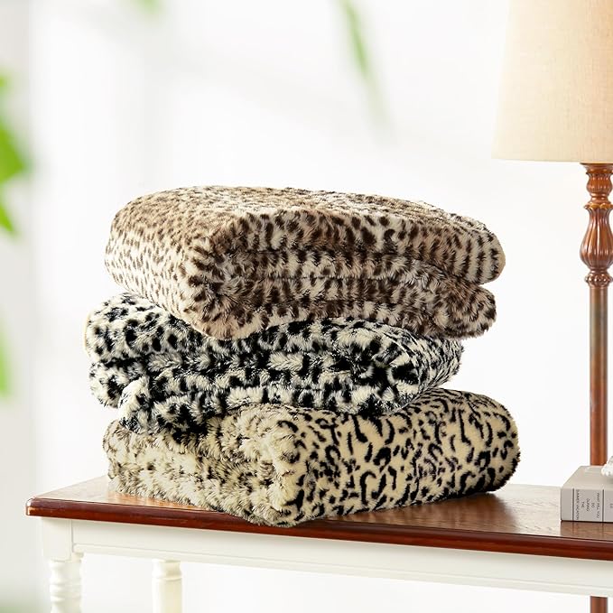 JONIYEAR Decorative Brown Leopard Print Faux Rabbit Fur Throw Blanket for Couch 50" x 60",Double Sided Soft Thick Warm Cheetah Blankets for Winter, Cute Cozy Plush Animal Printed Blanket for Women