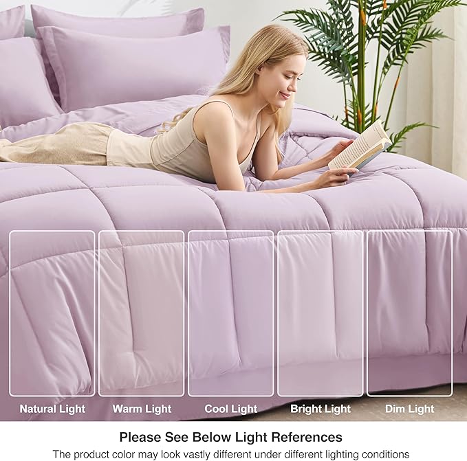 Love's cabin Full Comforter Set Light Purple, 7 Pieces Full Bed in a Bag, All Season Bedding Sets with 1 Comforter, 1 Flat Sheet, 1 Fitted Sheet, 2 Pillowcase and 2 Pillow Sham