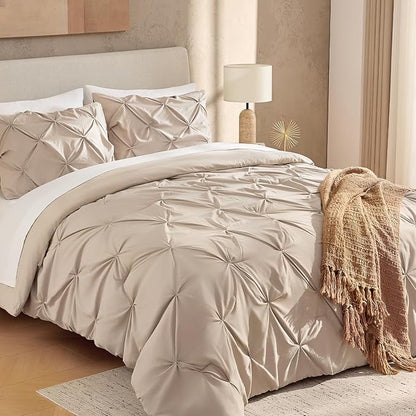 Andency California King Comforter Set Wheat (104x96Inch), Pinch Pleat Cal King Comforter Set 3 Pieces, Oversized King Pintuck Bed Comforter, Microfiber Down Alternative Comforter Bedding Set