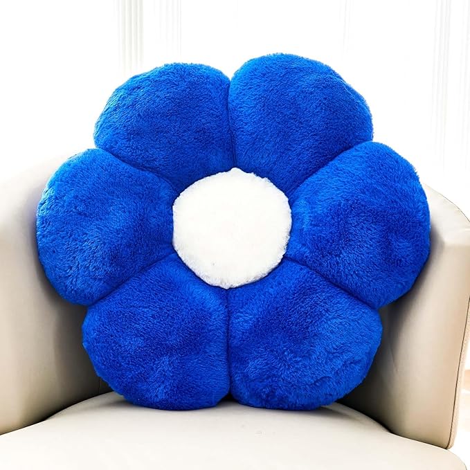Flower Pillow Cute Decorative Throw Pillow with Faux Rabbit Fur Soft Daisy Plush Floor Cushion Aesthetic Flower Shaped Pillow Home Decor for Bed Sofa Couch (Royal Blue, 14.9 Inch)
