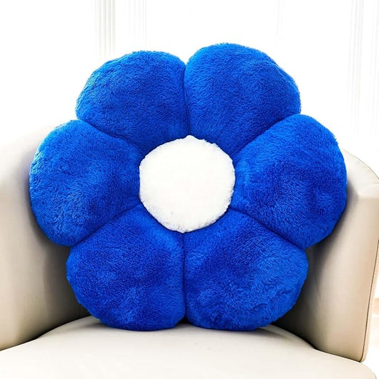 Flower Pillow Cute Decorative Throw Pillow with Faux Rabbit Fur Soft Daisy Plush Floor Cushion Aesthetic Flower Shaped Pillow Home Decor for Bed Sofa Couch (Royal Blue, 14.9 Inch)