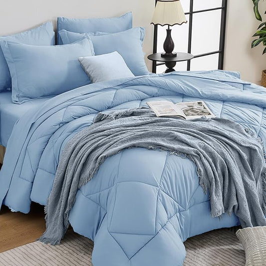 HEVUMYI Light Blue Twin Comforter Set - 5-Piece All Season Bed in a Bag Twin, Ultra Soft Bedding Set with Comforter, Flat Sheet, Fitted Sheet, Pillowcases, Pillow Shams