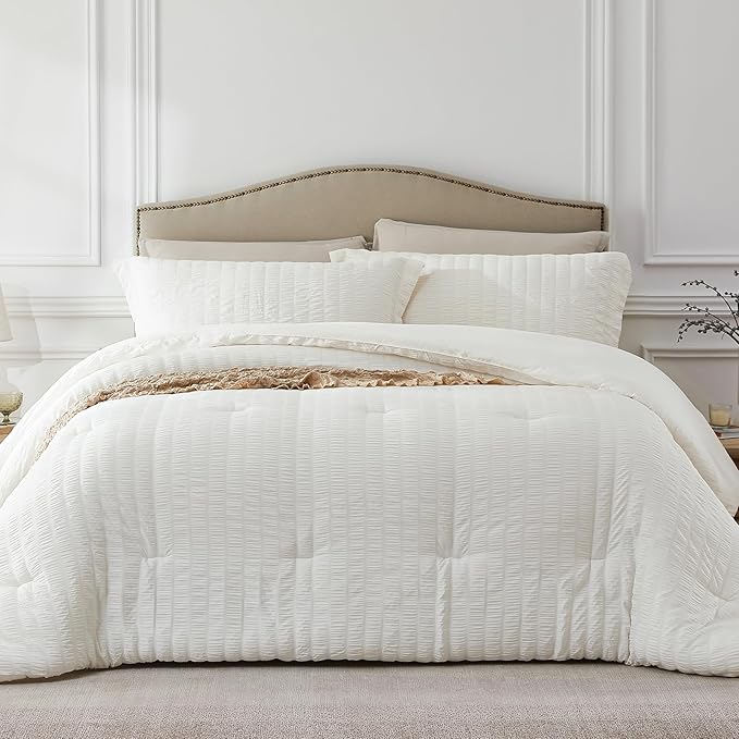 Beige Full Comforter Set - 3 Pieces Seersucker Lightweight Bedding Comforter Sets (1 Soft Fluffy Comforter & 2 Pillowcases) - All Seasons Cozy Farmhouse Bed Sets for Women Men