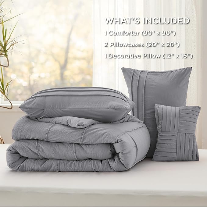 Bedsure Queen Comforter Set - 4 Pieces Pinch Pleat Bed Set, Grey Boho Bedding for All Season, 1 Soft Comforter, 2 Pillowcases, 1 Decorative Pillow
