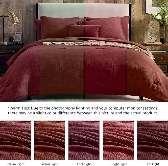 Geniospin King Comforter Set - 7 Pieces Comforter King Size, Soft Solid Bedding Set for All Season, Dark Red Textured Bed in a Bag with Sheets, Pillowcases & Shams