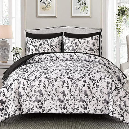 King Size Comforter Set - 7 Pieces Bed in a Bag Soft Microfiber Bedding Comforter Set Leaves Floral Pattern on White Comforter Sets with Sheets for All Seasons (King, Black)