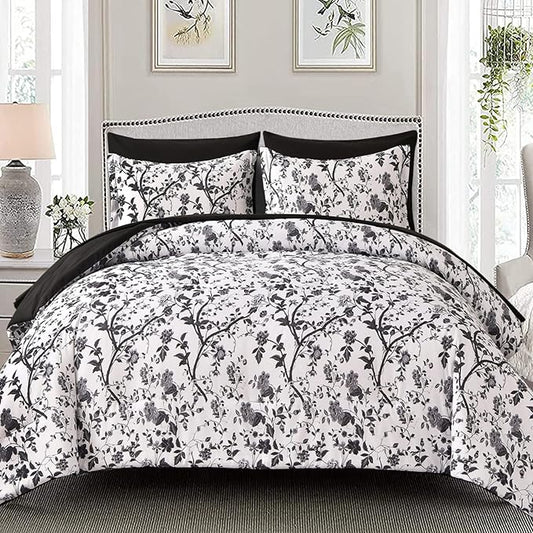 King Size Comforter Set - 7 Pieces Bed in a Bag Soft Microfiber Bedding Comforter Set Leaves Floral Pattern on White Comforter Sets with Sheets for All Seasons (King, Black)