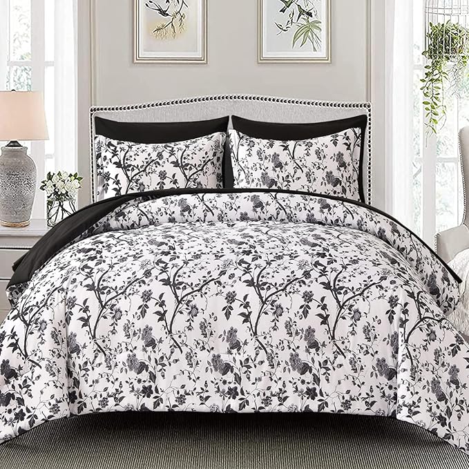 Comforter Set for Queen Bed -7 Pieces Bed in a Bag Soft Microfiber Bed Set Black Leaves Floral Pattern on White Spring Queen Comforter Sets with Sheets for All Seasons (Queen, Black)