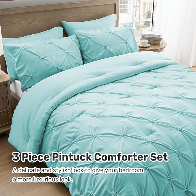 UNIKOME King Size Comforter Set Aqua Blue - Ultra Soft Boho Pintuck Down Alternative Bedding Set for All Seasons, 3 Pieces Lightweight Warm Pinch Pleat Bed Set with Comforter, 2 Pillowcases
