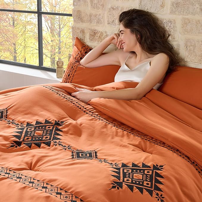 Embroidered Boho Comforter Set King Size, 3-Piece Western Shabby Chic Bedding Set - Fluffy Ultra Soft Microfiber with Intricate Design, Includes Comforter & 2 Pillowcases, Pumpkin(102"x90")