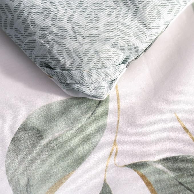 Cotton Comforter Queen Size Set – White Green Botanical Leaves Cotton Shell Bedding, Soft & Breathable, All-Season Down-Alternative Fill, Includes 1 Comforter & 2 Pillow Shams