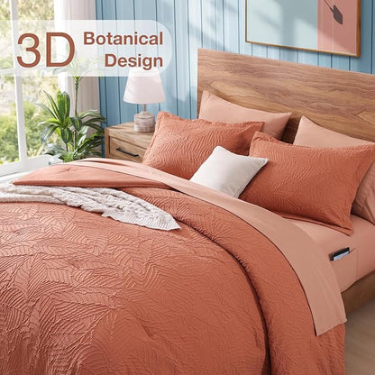 Geniospin King Size Comforter Set - 7 Pieces Burnt Orange Bedding Set, Botanical Textured Comforter Set, All Season Lightweight Bed in a Bag with Comforter, Sheets, Pillowcases & Shams