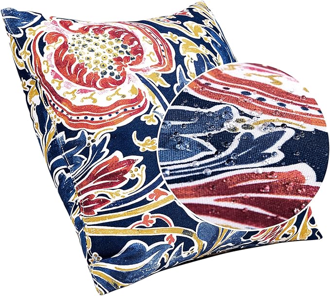 JMGBird Water-Resistant Outdoor Pillows Set of 2, 18x18 inch Durable Blue with Pomegranate Flower Pattern Throw Pillows with Inserts for Patio Furniture