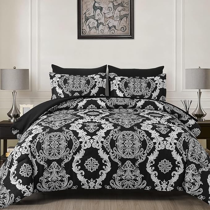 WONGS BEDDING 7 Pieces Comforter Set Queen Size, Black White Texture Bedding Set for All Season, Damask Soft and Breathable Bed in a Bag with Comforter, Flat Sheet, Fitted Sheet, Pillowcases & Shams