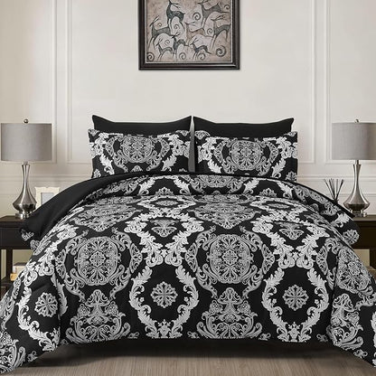 WONGS BEDDING 7 Pieces Comforter Set Queen Size, Black White Texture Bedding Set for All Season, Damask Soft and Breathable Bed in a Bag with Comforter, Flat Sheet, Fitted Sheet, Pillowcases & Shams
