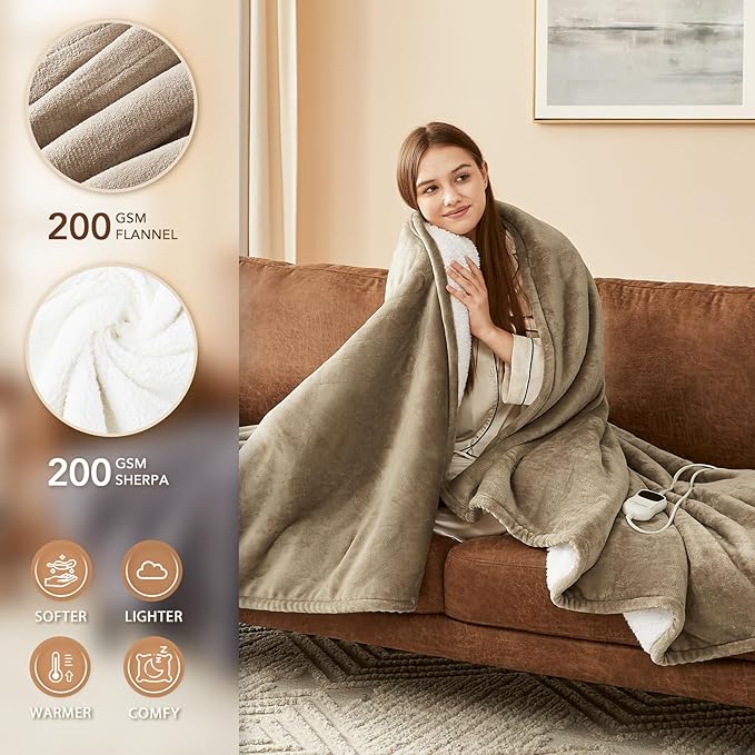 Homemate Electric Heated Blanket Full Size - 72"x84" Heating Blanket Full Size 1/2/4/6/8 Hours Auto-Off 10 Heat Level Over-Heat Protection Flannel Sherpa ETL Certification