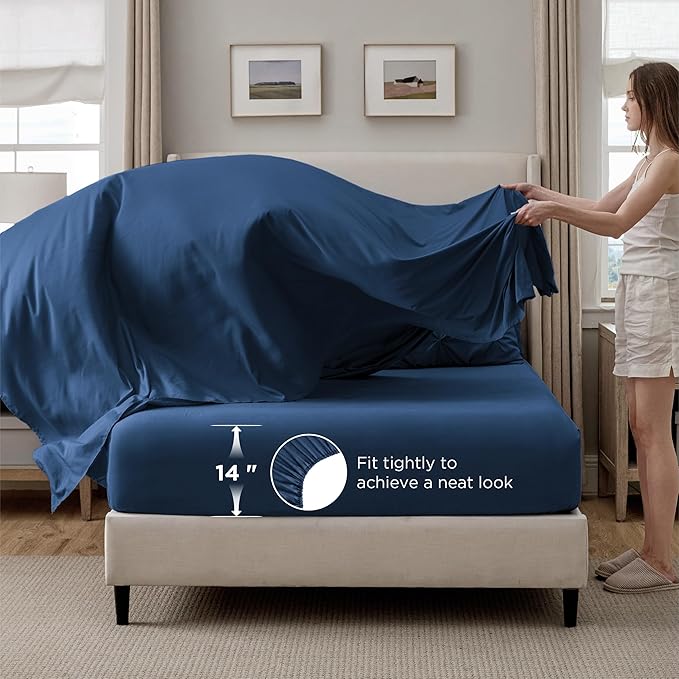 Bedsure Queen Comforter Set Navy - Bed in a Bag Queen Size Bedding 7 Pieces, GentleSoft™ Pintuck Bed Set Gift for Family, Pinch Pleat All Season Comforter with Sheets, Pillowcases & Shams