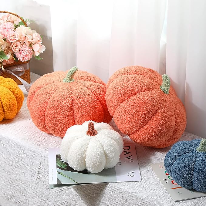 Queekay 2 Pcs Pumpkin Pillow Plush 11 x 9.5 Inch Thanksgiving Stuffed Pumpkin Decor for Fall Home Bedroom Throw Pillow Cushion Gifts for Holiday Operation Christmas Halloween Car Sofa(Orange)