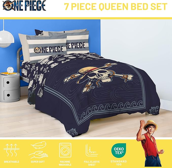 Jay Franco One Piece Queen Size Comforter Set - 7 Piece Blue Bedding Includes Sheet Set & Pillow Covers - Super Soft Anime Bedding with Skull and Bones