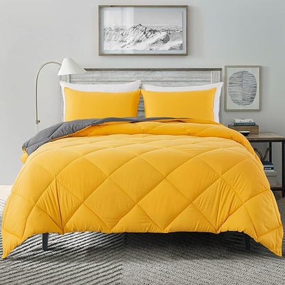 Decroom Lightweight Twin Comforter Set with 1 Pillow Sham - 2 Pieces Set - Quilted Down Alternative Comforter/Duvet Insert for All Season - Yellow/Grey - Twin/Twin XL Size