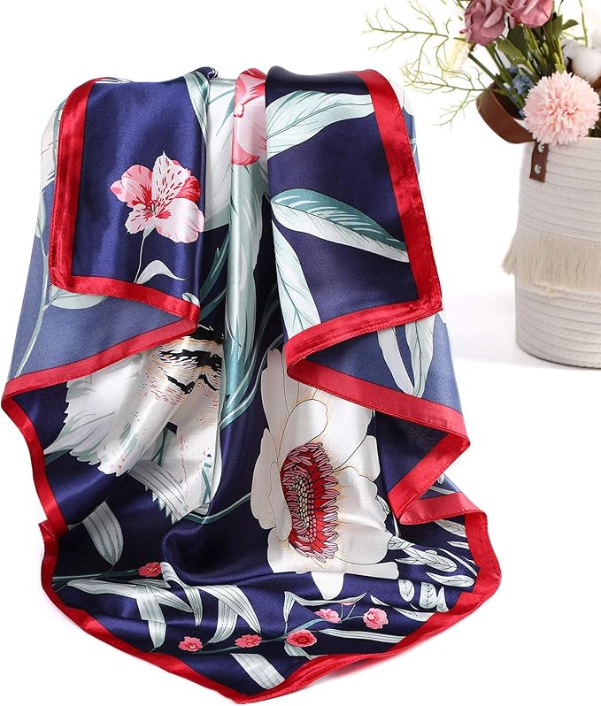 AWAYTR 35” Satin Large Square Head Scarves - 4PCS Silk Like Neck Scarf Hair Sleeping Wraps Satin Silk Scarfs for Women