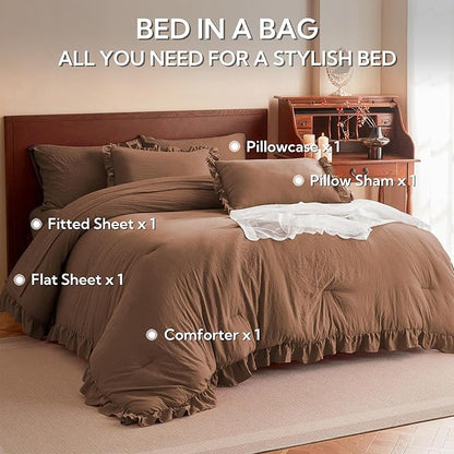 MR&HM Comforter Set Brown Comforter Set Twin for Girls Women 5 Pieces, Shabby Chic Vintage Cottagecore Bed Sets Elegance Boho Bed in a Bag, Ultra-Soft & Fluffy Comforter for All Season