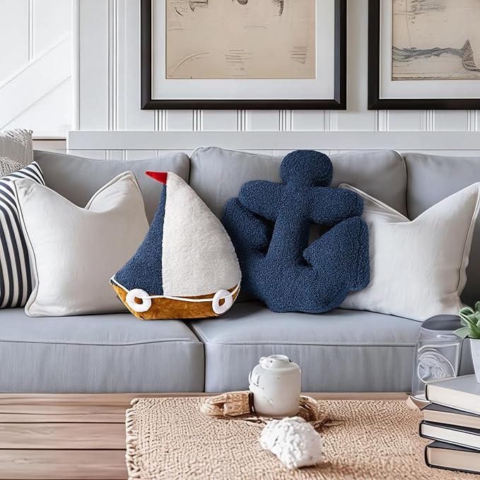AELS Sailboat & Anchor Nautical Throw Pillows Set of 2, Coastal Decor for Beach Enthusiasts Beach House, Ideal for Sofa Couch Living Room Bedroom and Nursery, Navy Blue and White