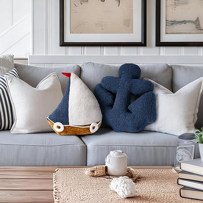 AELS Sailboat & Anchor Nautical Throw Pillows Set of 2, Coastal Decor for Beach Enthusiasts Beach House, Ideal for Sofa Couch Living Room Bedroom and Nursery, Navy Blue and White