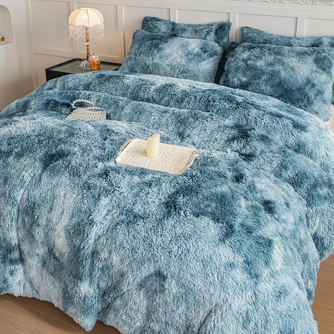 chovy Faux Fur Tie-Dyed Blue White Colorful Comforter Sets King - 3PC Bed Set Ultra Soft Plush Flannel Velvet Fluffy Fuzzy Bedding（Comforter x 1 Pillowcases x 2）