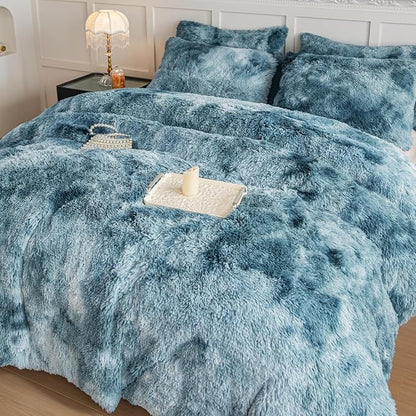 chovy Faux Fur Tie-Dyed Blue White Colorful Comforter Sets King - 3PC Bed Set Ultra Soft Plush Flannel Velvet Fluffy Fuzzy Bedding（Comforter x 1 Pillowcases x 2）