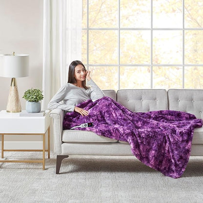 Codi Faux Fur Purple Heated Throw Blanket with Fuzzy Sherpa Back | 60 x 70 Oversized Electric Throws for Couch | 6 Heating Levels & 4 Time Settings with Auto Shut Off, 6ft Power Cord | Washable