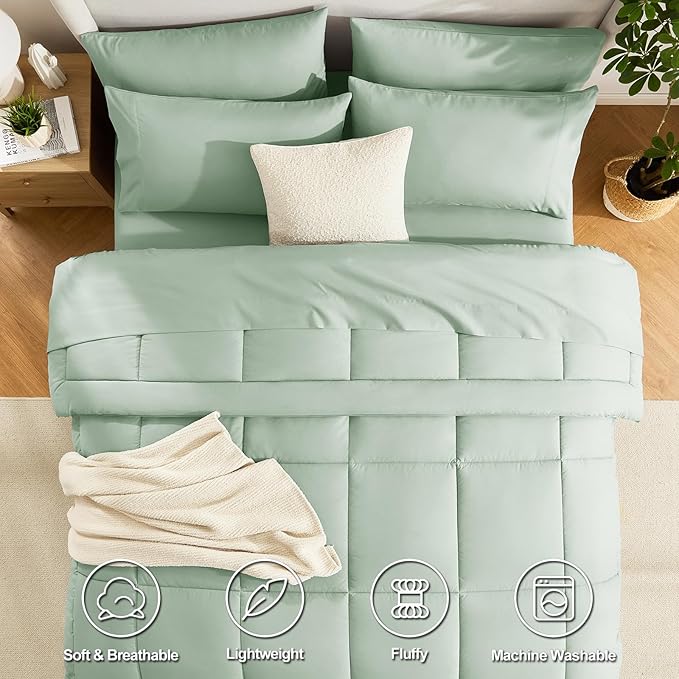 CozyLux Queen Comforter Set Sage Green, 7 Pieces Bed in a Bag, Green Comforter Queen Size, All Season Bedding Sets with Stitch Quilted Comforter, Flat Sheet, Fitted Sheet, Pillowcases