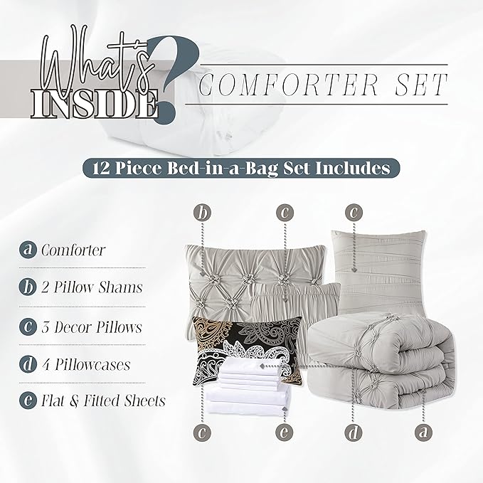 Elegant Comfort 12-Piece Bed-in-a-Bag, Ella Pleated Ruched Pintuck Comforter Set, 6-Piece Sheet Set Featuring Smart Pockets, Matching Decorative Pillows, All Season Bedding, Full, Silver