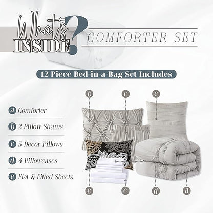Elegant Comfort 12-Piece Bed-in-a-Bag, Ella Pleated Ruched Pintuck Comforter Set, 6-Piece Sheet Set Featuring Smart Pockets, Matching Decorative Pillows, All Season Bedding, California King, Silver