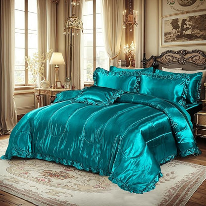 Silky Comforter Set with Sheet Set King 8 Pcs Peacock Green Bed in a Bag Green Bedding Set Silk Like Satin Ruffle Home Deocr Sexy Hotel Silky Bed Set with 1 Cushion Cover